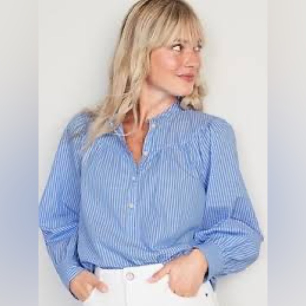 Old Navy Puff-Sleeve Blue Striped Henley Shirt, EUC, Size XXL